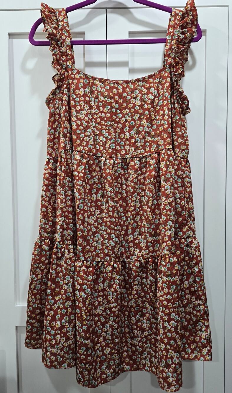 SHEIN Floral Tiered Midi Dress Women's Rust Ruffle Strap Cottagecore - L